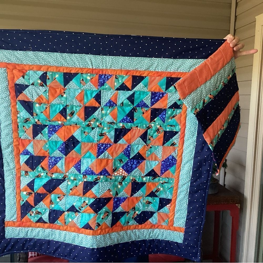 NWT. Hand Crafted To The Moon RocketshipColorful Patchwork Quilt w/ Teddy Quilt